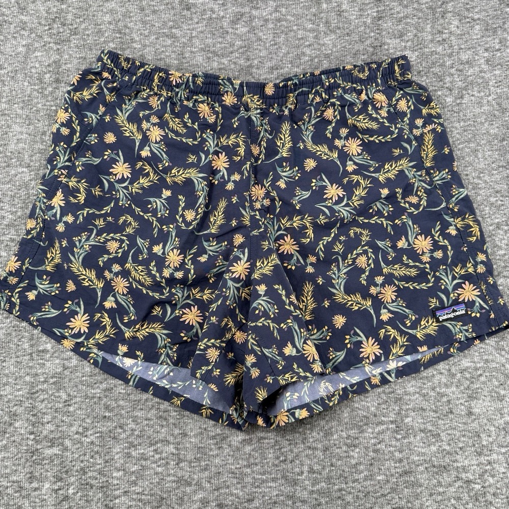 Patagonia Womens Large Baggies 5 Inch Shorts Navy Floral Print Elastic Waistband